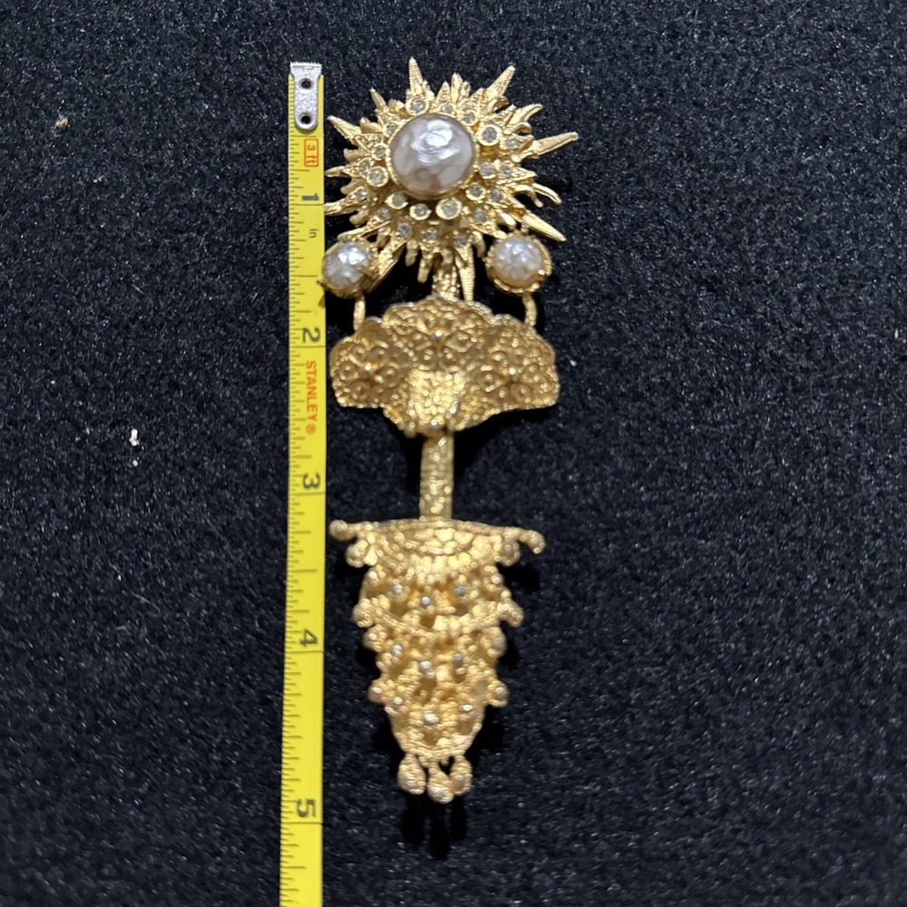 Rare Vintage Frederick Mosell Flower Brooch Large Gold Tone Signed Faux Pearls